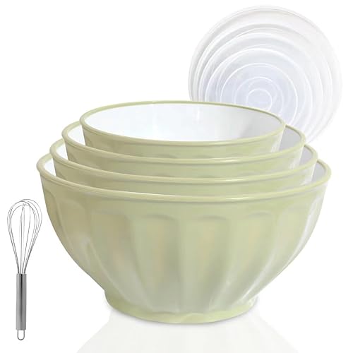 JCXivan Mixing Bowls with Lids Set,Kitchen Bowls Prep Bowl with Lid,Mixing Bowl Set for Kitchen Cooking, Baking,Storage Food,4 Big Plastic Nesting Bowls and 1 Egg Whisk,Microwavable,Stackable - Green