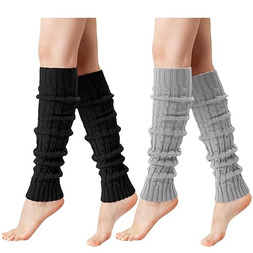 Pleneal Leg Warmers for Women - 1/2/3 Pairs Fashion Cable Knit Warm Leg Warmers 80s Accessories for Party Sports Yoga - Black&light Grey