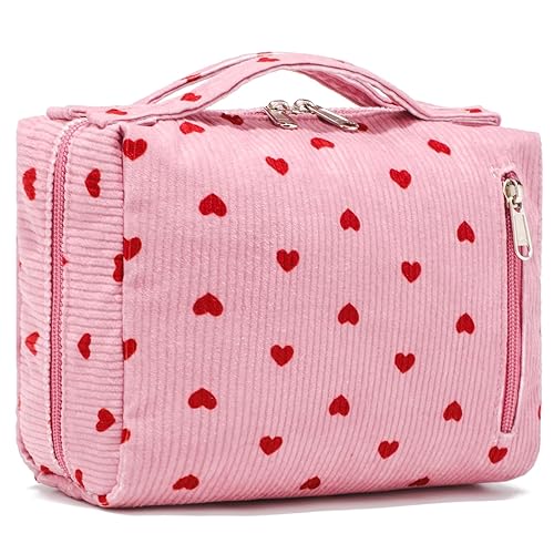 Bluboon Makeup Bag Zipper Pouch Travel Portable Cosmetic Bag Organizer for Women and Girls(Corduroy Pink Heart) - Corduroy Heart Pink