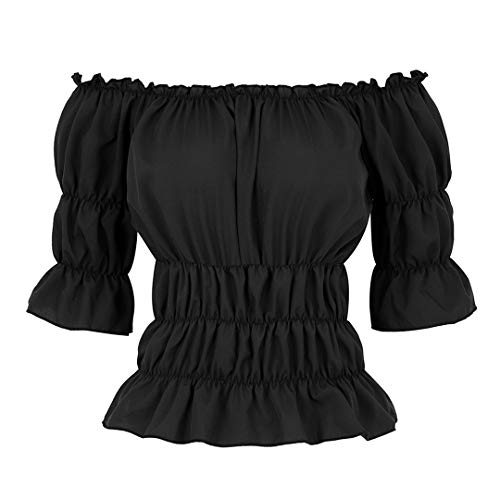 Women Renaissance Blouse Victorian Steampunk Pirate Shirt Off Shoulder Short Sleeve Smocked Blouse Tops - Small - Black