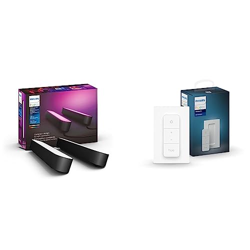 Philips Hue Play White & Color Smart Light, 2 Pack Base kit, Black, Base Kit, 2 Pack & Smart Dimmer Switch with Remote, Turns Hue Lights On, Off, Dims or Brightens, Toggles Between Scenes, 1-Pack - 2-Pack with Plug + Dimmer Switch - Black