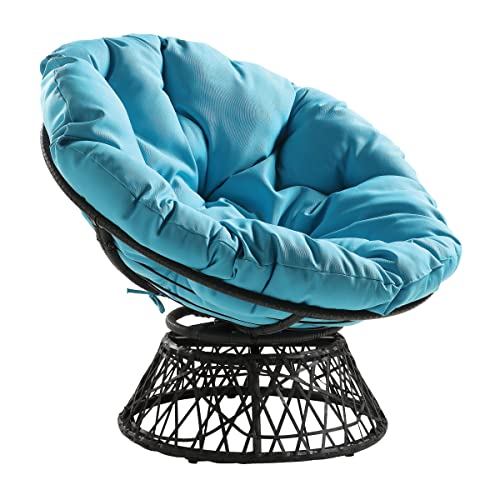 OSP Home Furnishings Wicker Papasan Chair with 360-Degree Swivel, Large, Grey Frame with Blue Cushion - Grey Frame With Blue Cushion