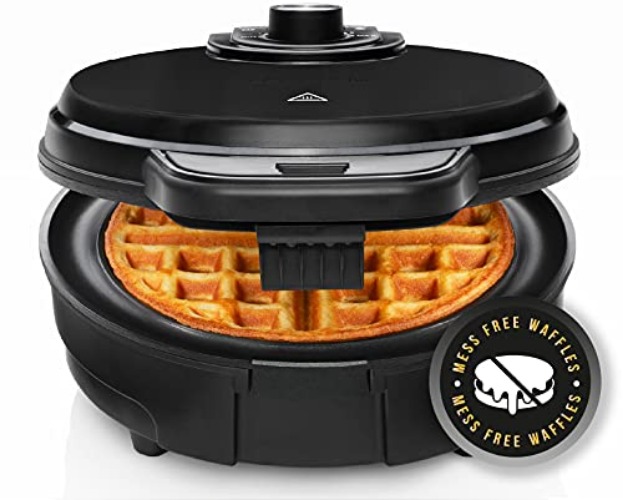 Chefman Anti-Overflow Belgian Waffle Maker w/Shade Selector, Temperature Control, Mess Free Moat, Round Iron w/Nonstick Plates & Cool Touch Handle, Measuring Cup Included, Black - Black