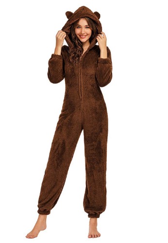 chouyatou Women's Ultra Comfy Lounge Furry Sherpa Romper Onesie Pajamas Cute Ear Hood - Medium Brown
