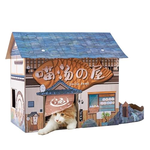 SMILE PAWS Cat Beds for Indoor Cats, Cardboard Cat House with Scratchers, Onsen Hotel, Large Sturdy Cat Furniture Condo Cave Tent, Easy to Assemble Pet Toys Accessories Stuffs, Bunny Small Animals - B. Onsen Hotel