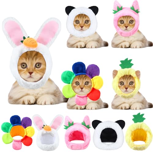 5 Pcs Cat Hat Adorable Costume Bunny Hat with Ears Funny Mane Cat Hat for Cats and Small Dogs Kitten Puppy Party Costume Accessory Headwear (Panda, Rabbit, Pineapple, Strawberry, Flower) - Panda, Rabbit, Pineapple, Strawberry, Flower