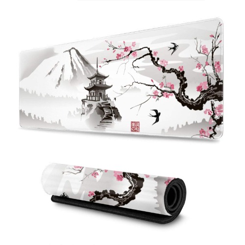 Japanese Cherry Blossom White Gaming Mouse Pad XL, Extended Large Mouse Mat Desk Pad, Stitched Edges Mousepad, Long Nonslip Rubber Base Mice Pad, 31.5 X 11.8 Inch - 