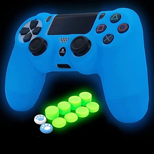 HLRAO Blue PS4 Controller Skin Silicone Grip Glow in Dark Protective Case for PS4/Slim/Pro 4 Controller with 8 Glow in The Dark Thumb Grips Caps + 2 Cute Cat Paw Thumb Grips Caps. - Glow Blue