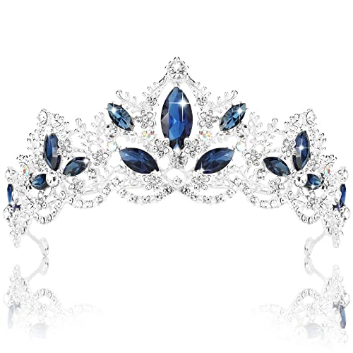 Exacoo Silver Tiara for Women Sapphire Crown for Girls Wedding Princess Birthday Crystal Rhinestones Headbands for Prom Bridal Party Halloween Costume Christmas Gift - Sapphire+silver (Loop Type)