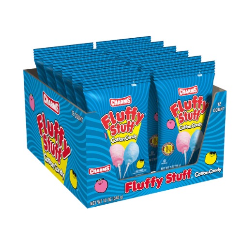 Fluffy Stuff Cotton Candy – Pink and Blue Fresh Spun Floss Sugar Retro Candy – Carnival Cotton Candy in Stay Fresh Packs for Gifts, Party Favors – Pack of 12 - 1 oz Bags