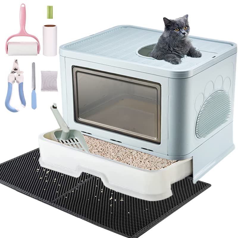 USOR Cat Litter Box, Extra Large Litter Box, Foldable Top Exit Pet Boxes, Anti-Splashing Cat Kitty Litter Pan Easy Cleaning and Scoop | with Cat Litter Mat Litter Scoop Nail Clippers Pet Lint Roller