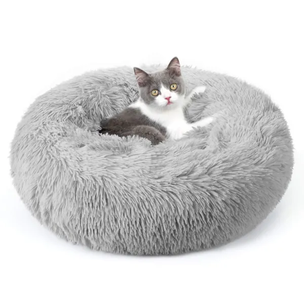 rabbitgoo Cat Bed for Indoor Cats, 20 x 20 inches Fluffy Round Self Warming Calming Soft Plush Donut Cuddler Cushion Pet Bed for Small Dogs Kittens, Machine Washable, Non-Slip, Light Grey, Medium