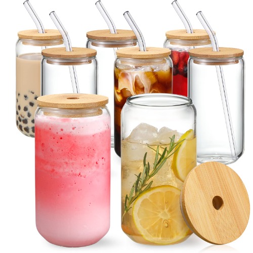 [ 8pcs Set ] Drinking Glasses with Bamboo Lids and Glass Straw 