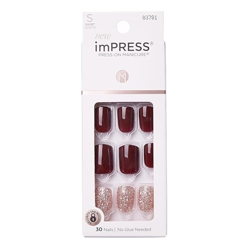 KISS imPRESS No Glue Mani Press On Nails, Design, 'No Other', Red, Short Size, Squoval Shape, Includes 30 Nails, Prep Pad, Instructions Sheet, 1 Manicure Stick, 1 Mini File - Red and Silver - 33 Piece Set