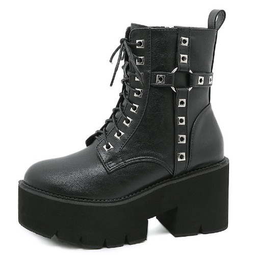 'Raven' Black Goth Alt Studded Strap Boots - black shoes / 38