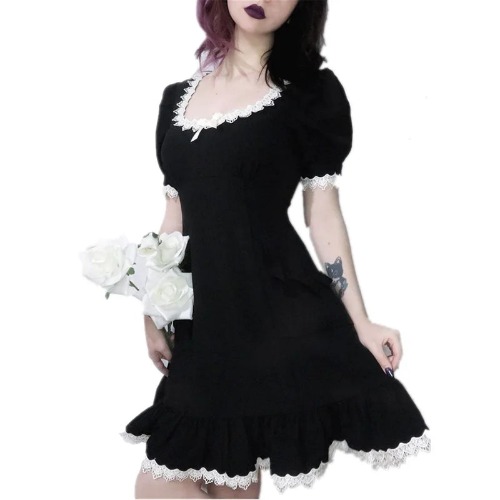 Black Alt Goth Fairycore Grunge Lace Dress - Black / L