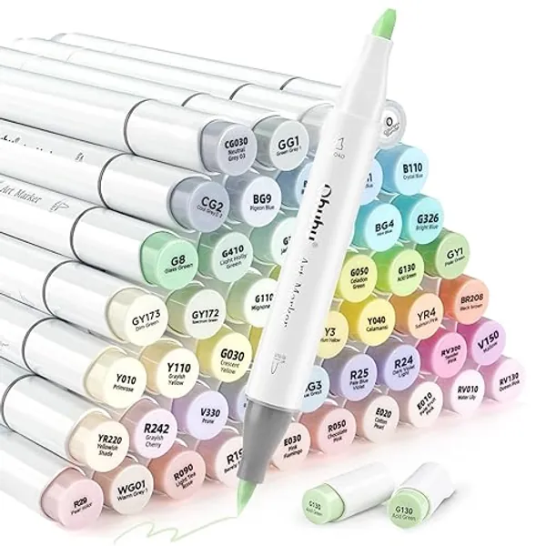 Ohuhu Pastel Alcohol Brush Markers- 48 Pastel Colors of Honolulu Blossoming- Alcohol Based Double Tipped Art Marker Set for Artist Adults Coloring Illustration- Brush & Chisel Dual Tips- Refillable - Blossoming