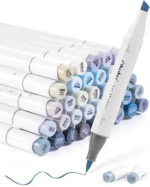 Ohuhu Grayscale Alcohol Markers Brush Tip- Double Tipped Alcohol Based Art Marker Set for Artist Adults Coloring Illustration Shading Layering- 36 Grey-tone Colors- Chisel& Brush- Honolulu- Refillable