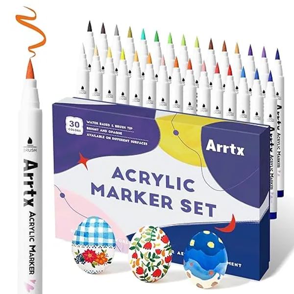 Arrtx 30 Colors Acrylic Paint Pens for Rock Painting, Extra Brush Tip, Water Based Paint Markers for Stone, Glass, Easter Egg, Wood and Fabric Painting-No Toxic,No Odor 30B - 30B Regular Color