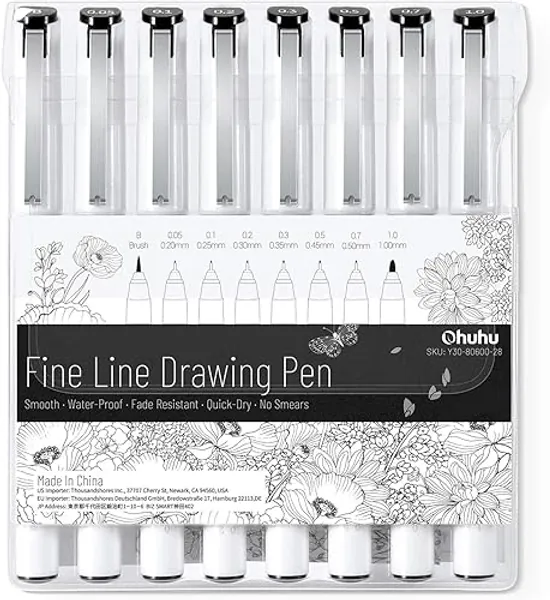 Ohuhu Fineliner Pens Micro Drawing Pens: 8-size Tips (Ultra-fine, Fine & Brush) Waterproof Pigment Black Ink for Illustration Drawing Journaling Sketching for Artist Beginners