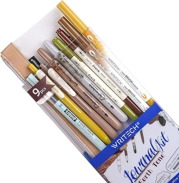 WRITECH Journaling Gel Pens Highlighters: 0.5mm Fine Point Retractable Gel Ink Pen Assorted Colored Highlighter Fineliner Multicolor Dual Tip Brush Marker Bulk Extra Smooth No Bleed 9ct (Earth Tone) - Earth Tone - 1 Count (Pack of 9)