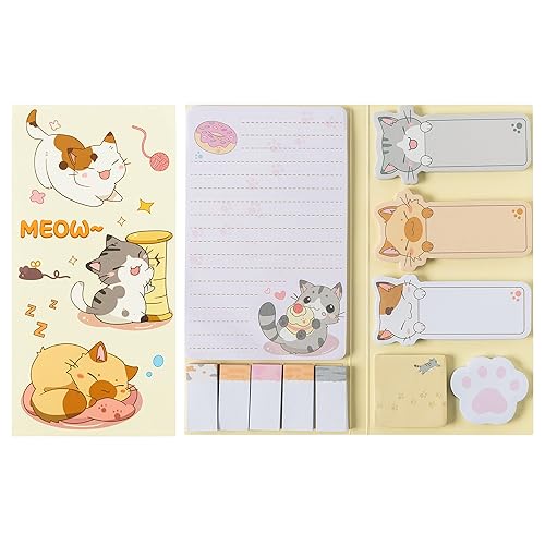 Xqumoi Cute Cartoon Cat Sticky Notes Set, 550 Sheets, Lovely Cat and Paw Shaped Self-Stick Notes Pads Kitty Animal Divider Tabs Bundle Writing Memo Pads Back to School Office Supplies Small Gift - Cartoon Cat