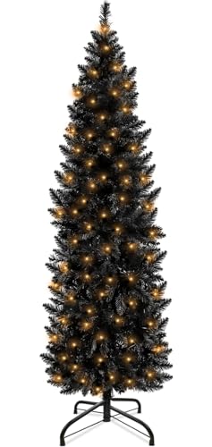 TURNMEON 5 Ft Prelit Artificial Pencil Black Christmas Tree 200 LED Warm Lights Plug in 550 Branch Tips Metal Stand Slim Tree for Xmas Indoor Outdoor Home Holiday Party Decortions - Black - 5 feet