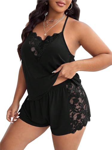 COZYEASE Women's Plus Size Pajama Set Lace Sleeveless Halter V Neck Tops and Shorts Lounge Set Nightwear - XX-Large Plus - Black