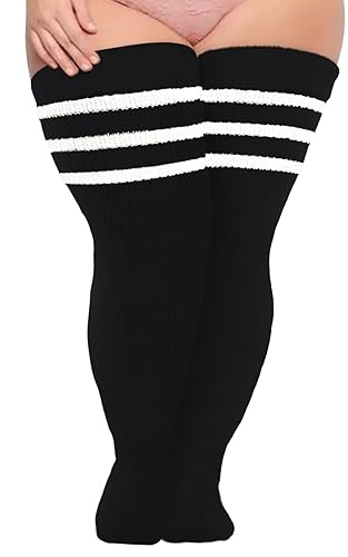 Thigh High Socks for Thick Thighs- Extra Long Striped Thick Over the Knee Socks- Leg Warmer Boot Socks - Large Plus - Black & White