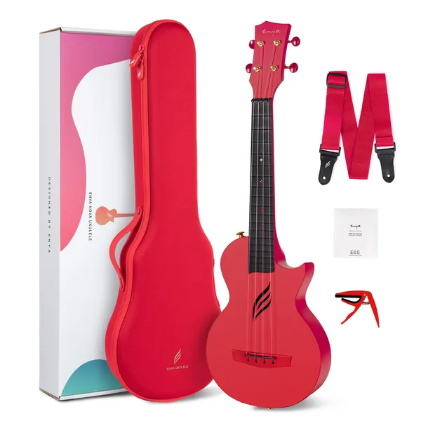 Enya Nova U 23" Concert Ukulele–Carbon Fiber Travel Ukulele–With Beginner Kit includes Online Lessons, Case, Strap, Capo and Strings (Red) - 23 inch Red
