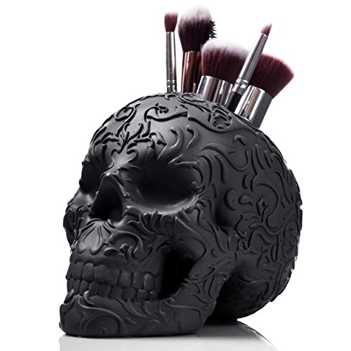 Wicked Vanity Beauty Skull Makeup Brush Holder, Pen Holder, Vanity, Desk, Office Organizer, Stationary, Decor Planter - JET BLACK