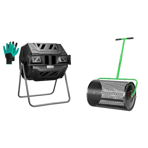 VIVOSUN Outdoor Tumbling Composter Dual Rotating Batch Compost Bin, 43 Gallon Black Door and 24” Compost Spreader with Adjustable T-Shaped Handle, Upgraded Side Clasps