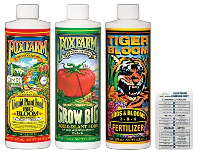 FoxFarm Liquid Nutrient Trio Soil Formula: Big Bloom, Grow Big, Tiger Bloom (Pack of 3-16 oz Bottles) + Twin Canaries Chart - 128 oz Bottles