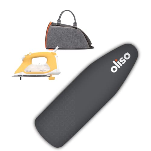 BUNDLE: Oliso TG1600 Pro Plus 1800 Watt SmartIron with Auto Lift | Diamond Ceramic-Flow Soleplate Steam Iron (Yellow) + Oliso Carry Bag for full-size irons + Oliso Ironing Board Cover (Gray)