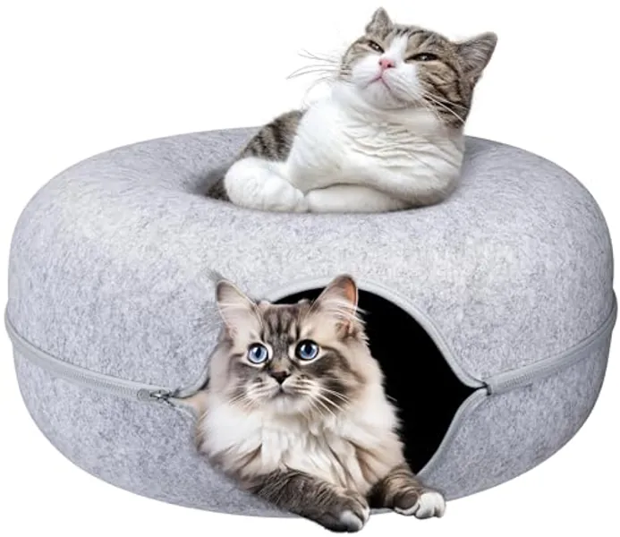 Gleejoy Peekaboo Cat Cave for Multiple Cats/Large Cats, Cat Caves for Indoor Cats Up to 30 Lbs, Cat Tunnel Bed, Scratch Detachable and Washable Large Donut Cat Bed, Light Gray - L (24*24*11inch) - Light Gray