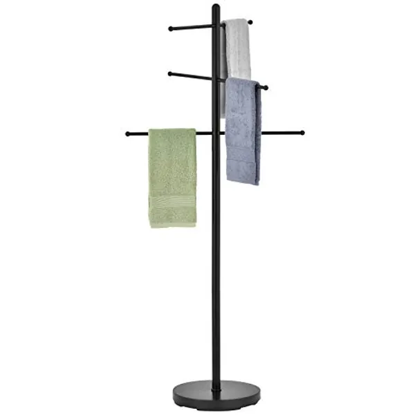 MyGift Black Metal Freestanding Towel Rack, Bathroom Towel Holder Stand Drying Rack with 6 Bars and Sturdy Weighted Base, Spa or Poolside