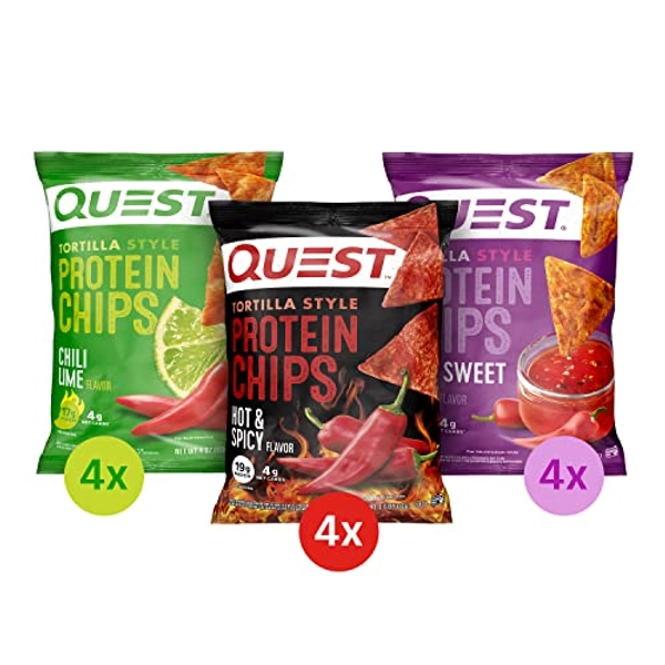 Quest Nutrition Tortilla Style Protein Chips, Spicy Variety Pack, Chili Lime, Hot & Spicy, & Spicy Sweet Chili, 12 Count (3 Each Flavor) - Hot & Spicy, Chili Lime, Spicy Sweet Chili