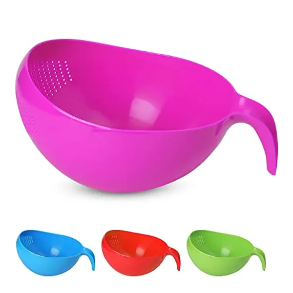 KSJONE Heavy Duty Rice Washer Strainer Colander Washing Bowl with Handle Vegetable/Rice Washer Strainer for Cleaning Fruits, Vegetables, and Beans 2.1 Qt (2L) (Pink) - Pink