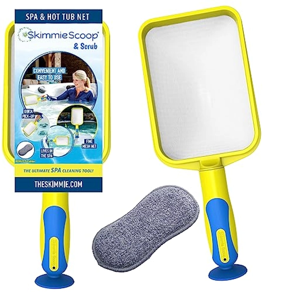 The Skimmie Scoop - Patented Handheld Skimmer with Fine Mesh Net for Spa, Hot Tub, and Small Pool Cleaning - Lightweight and Durable with Powerful Suction Cup - Fits in Filter Compartment (Yellow) - Yellow