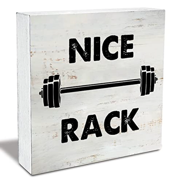 Rustic Nice Rack Fitness Wood Box Sign Funny Gym Wooden Box Sign Farmhouse Home Home Gym Desk Shelf Decor Gym Buddy Gift (5 X 5 Inch)