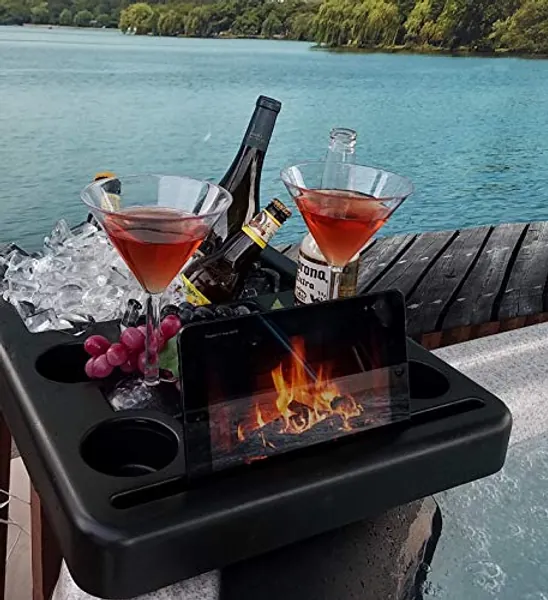 The Ultimate Hot Tub Tray .Enjoy Convenient Snacking and Drinks with This Combination Hot Tub Table, Drink Holder, Snack Tray, and Hot Tub Ice Bucket, Towel Holder, Phone Holder and Tablet Stand.