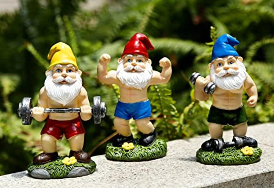 Mrsivrop Funny Workout Garden Gnomes Statues 3pcs 6.2 Inches Outdoor Funny The Muscular, Barbell and Dumbbell Gnomes Decorations Set for Yard, Lawn, Patio, Indoor Gnome Figurine for Home Tabletop - Set of 3