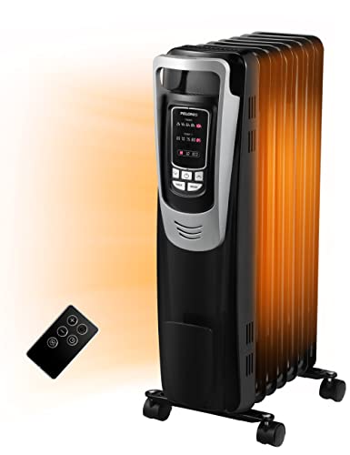 PELONIS Electric 1500W Oil Filled Radiator Heater with Safety Protection, LED Display, 3 Heat Settings and Five Temperature settings. Perfect for for Home or Office - Silver