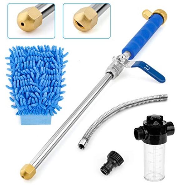 Hydro Jet High Pressure Power Washer Gun, Pressure Power Hose Nozzle Washer Wand Nozzle Glass Window Cleaning Sprayer for Car Home Garden Washing, Wash Mitt and Soap Dispenser - 7 Set - Blue