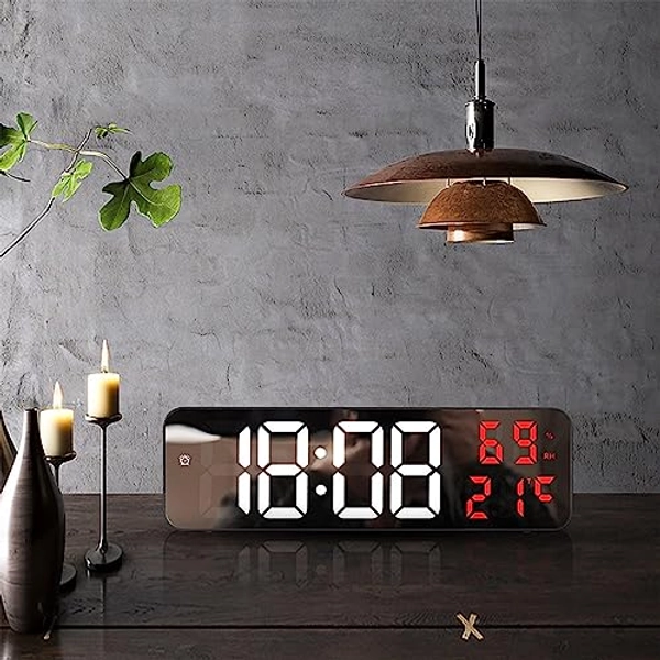 crgrtght Led Large Digital Wall Clock Temperature Date Display Brightness Table Wall-Mounted Mirror Alarm Clock for Home Decor,Digital Wall Clock Large Display,Led Clock for Wall - Red7