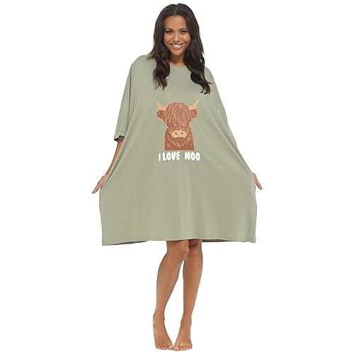 Daisy Dreamer Womens Baggy Nighty Night Dress Oversized T Shirt Ladies Nighties Short Sleeved 100% Cotton Nightshirts - Highland Cow