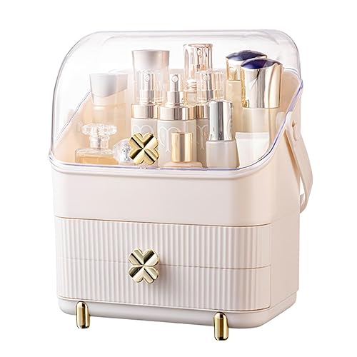 SUNFICON 3 Tiers Makeup Organizer Holder Cosmetic Storage Box with Dust Free Cover Portable Handle 2 Rroomy Drawers,Great for Bathroom Countertop Bedroom Dresser,Ivory White