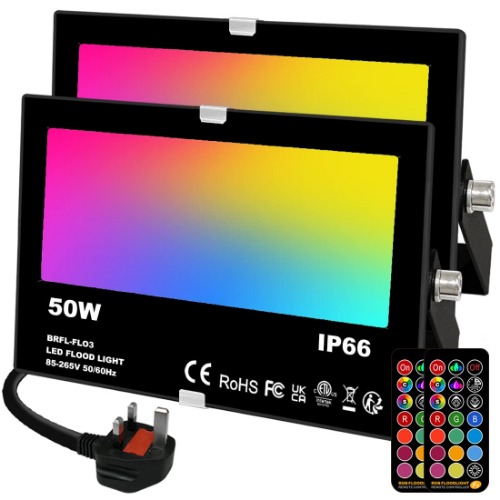 Mobri 50W LED Floodlight Outdoor, Colour Changing Flood Lights with Remote Control, 12 RGB Colours, Timing, 4 Modes, IP66 Waterproof, UK 3-Plug, 2 Pack