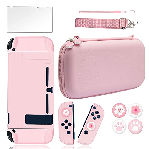 BRHE Carrying Case for Nintendo Switch Accessories Bundle for Switch Console with Dockable Hard Cover Pink Shall Screen Protector and Thumb Grip Caps