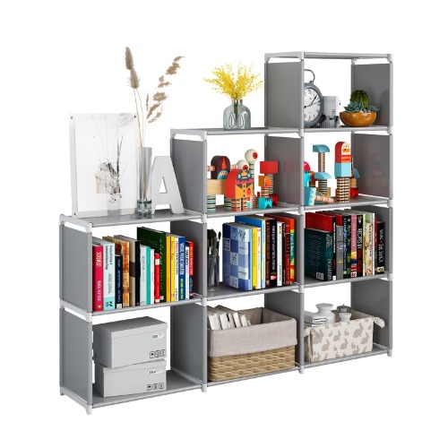 JIUYOTREE 9 Cube Bookcase, Stair Storage Unit,Multi-Use Cube Storage Organiser for Books, Toys, Clothes, Tools, Grey - Gray